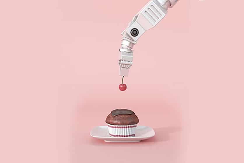 3D Rendering, robot arm laying cherry on cupcake